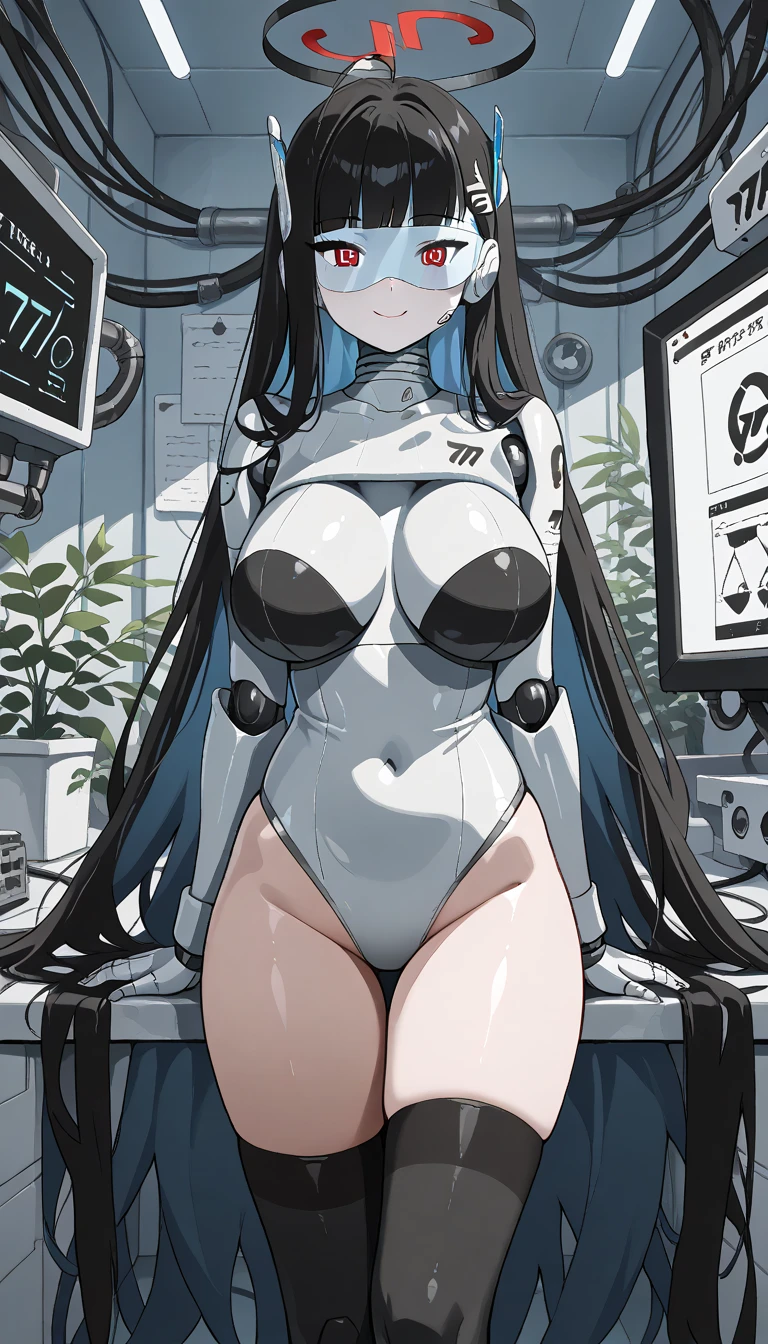 masterpiece, best quality, extremely detailed, (8K, 4K, Best Quality, hight resolution, 超A high resolution:1.1), ,8k portrait, Japaese android Girl,Plump , dark black leg cover,announcer,control panels,android,Droid,Mechanical Hand, Robot arms and legs, Black Robot Parts,Black long hair,Mechanical body,Blunt bangs,perfect mechanical abdomen,White robotics parts,perfect robot woman,future laboratory,cyber pank,charging spot,laboratory,long tube,thick cable connected her neck,white ceramic body ,perfect mechanical body, white robot body,lod antenna,mechanical ear cover,android,robot humanoid,black sponge joints,The removable cover is in the groin,The connection port is in the groin,opened chest panel,access panel on the chest,opened breast panel,perfect mechanical breast,perfect black machine body,perfect black android body,She has repaired,assembly plant,smile,no human skin,visor,mistyrobot,rio(blue archive),dress