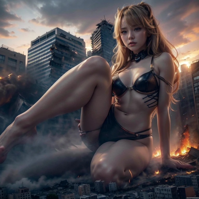 (giantess elements,  high resolution,  high quality , Accurate body structure,  detailed body )   towering huge blonde girl  ,  looks at the approaching woman from below, Giant woman attacking city, cute, women  destruction of a small town ,  destruction of a small town , mischievous expression, Japanese, white skin, Smiling, Trample buildings, rubble, Burning small town, Destroyed small building, collapsed highway, Car being crushed, Evacuation of residents,  sunset , Burning small town, Please, go, Trample,  anatomically correct ,  Exact human bodies , accurate skeleton,  full body portrait ,  blue eyes , rubble scattered at feet, taller than skyscraper,  big impact , toll, giantess elements, Women drawing large, Rising destructive elements, making the city smaller, Angry,