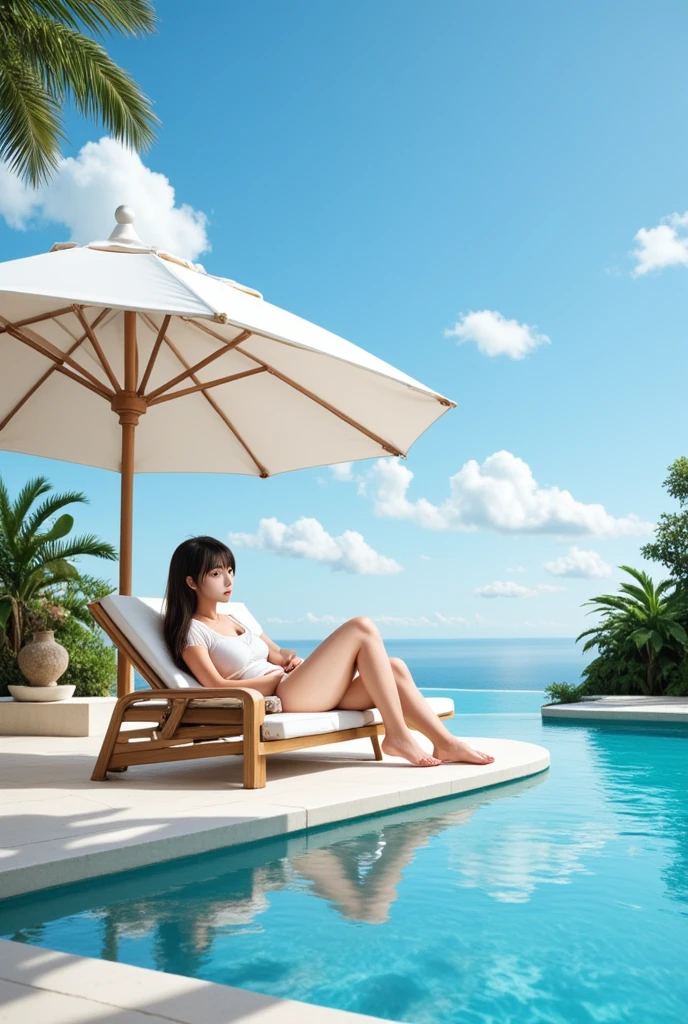 Large pool, long hair, bangs, full body, blue sky, white clouds, sitting in a recliner under a large beach umbrella