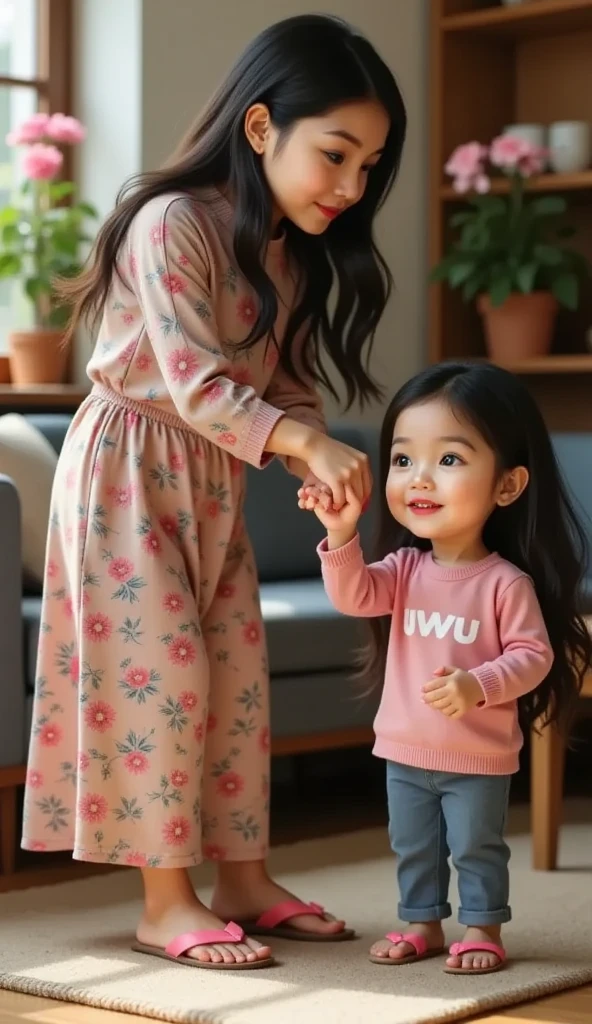 3D animation pixar of amira with long loose wavy hair without buns)), amira wearing floral print long dress with pink sandal, standing up in living room with , amira bend her body to receive flower bouquet from a beautiful and cute  girl, blushing cheeks, wearing a pink sweater with "uwu" printed on the front ((uwu printed in white)), blue trousers, pink flip-flops, holding hands, pixar, 3d animations, mother's day vibe