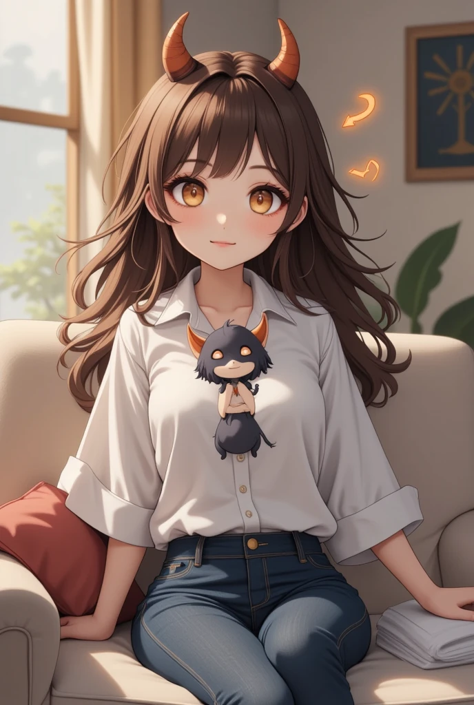 A woman dozing off on the sofa, a cute little demon sitting on her chest and waving with a smile, cute dream-like illustration art, ultra detailed, absolutely resolution, masterpiece