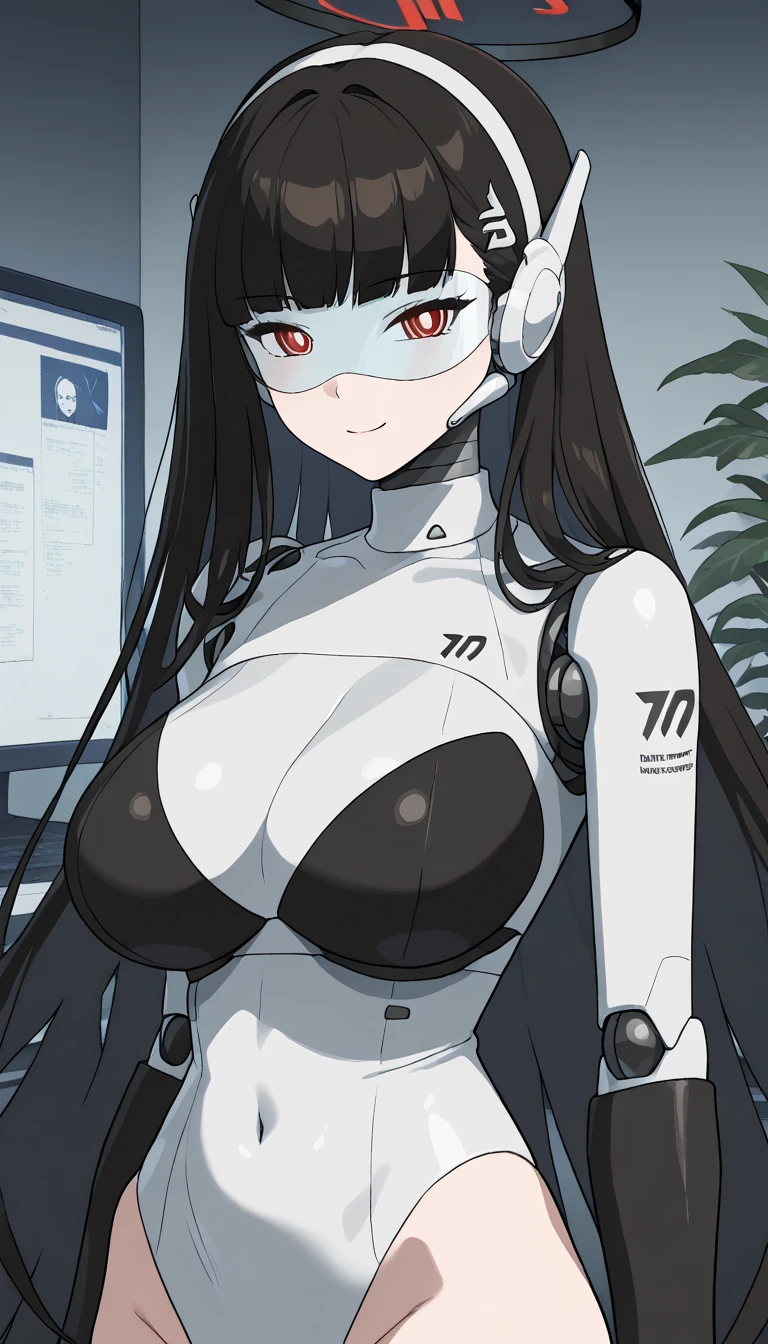 masterpiece, best quality, extremely detailed, (8K, 4K, Best Quality, hight resolution, 超A high resolution:1.1), ,8k portrait, Japaese android Girl,Plump , dark black leg cover,announcer,control panels,android,Droid,Mechanical Hand, Robot arms and legs, Black Robot Parts,Black long hair,Mechanical body,Blunt bangs,perfect mechanical abdomen,White robotics parts,perfect robot woman,future laboratory,cyber pank,charging spot,laboratory,long tube,thick cable connected her neck,white ceramic body ,perfect mechanical body, white robot body,lod antenna,mechanical ear cover,android,robot humanoid,black sponge joints,The removable cover is in the groin,The connection port is in the groin,opened chest panel,access panel on the chest,opened breast panel,perfect mechanical breast,perfect black machine body,perfect black android body,She has repaired,assembly plant,smile,no human skin,visor,mistyrobot,rio(blue archive),dress