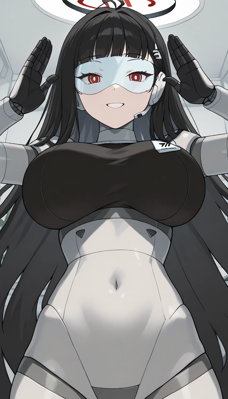 masterpiece, best quality, extremely detailed, (8K, 4K, Best Quality, hight resolution, 超A high resolution:1.1), ,8k portrait, Japaese android Girl,Plump , dark black leg cover,announcer,control panels,android,Droid,Mechanical Hand, Robot arms and legs, Black Robot Parts,Black long hair,Mechanical body,Blunt bangs,perfect mechanical abdomen,White robotics parts,perfect robot woman,future laboratory,cyber pank,charging spot,laboratory,long tube,thick cable connected her neck,white ceramic body ,perfect mechanical body, white robot body,lod antenna,mechanical ear cover,android,robot humanoid,black sponge joints,The removable cover is in the groin,The connection port is in the groin,opened chest panel,access panel on the chest,opened breast panel,perfect mechanical breast,perfect black machine body,perfect black android body,She has repaired,assembly plant,smile,no human skin,visor,mistyrobot,rio(blue archive),dress