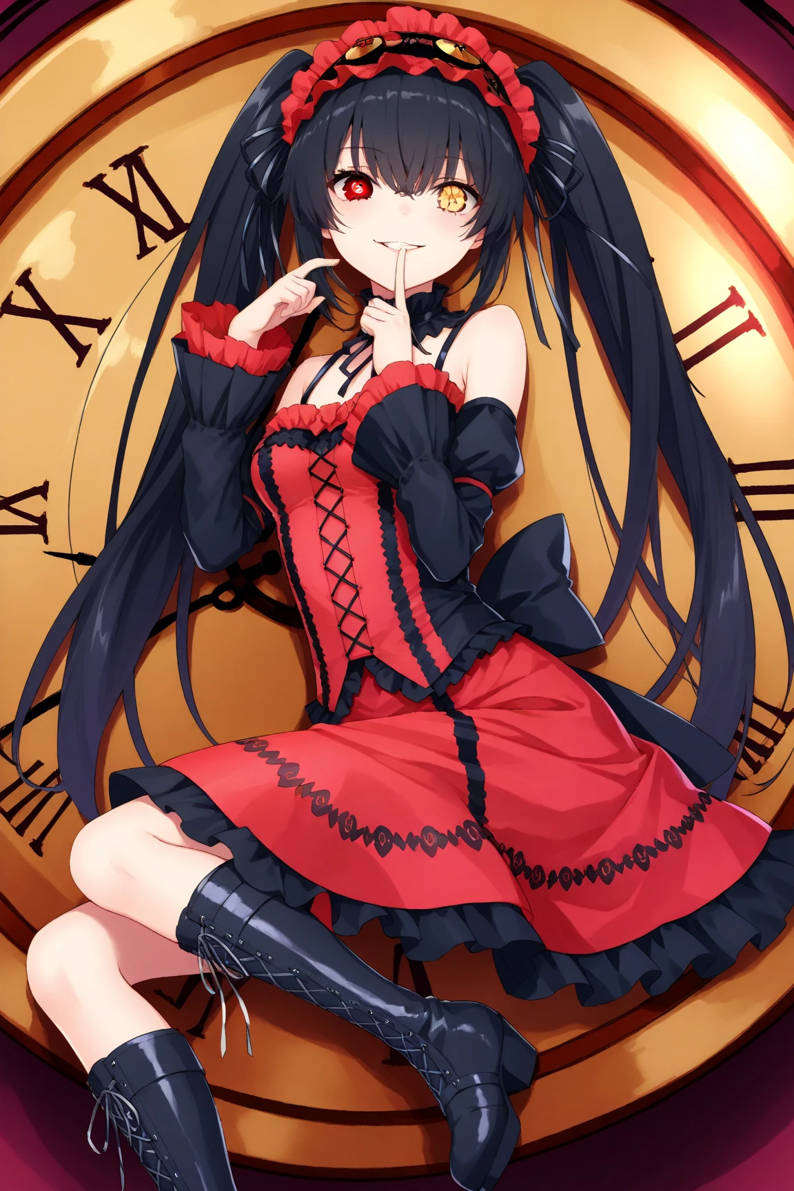 score_9,score_8_up,source_anime,1girl,solo,TokisakiKurumi,black hair,twintails,heterochromia,red eye,yellow eye,(clock eyes:1.4),evil smile,shoulder out,boots,chest,Clock Eyes,Crossed String Footwear,Sleeveless,dress,place your finger on your mouth,Frills dress,Frills,whole body,gothic lolita,headband,points your index finger against the background,knee boots,lace-up boots,Lolita Fashion,lolita headband,long hair on background,look at the viewer,thick bottom boots,red dress,symbol pupils,uneven Twin Tails