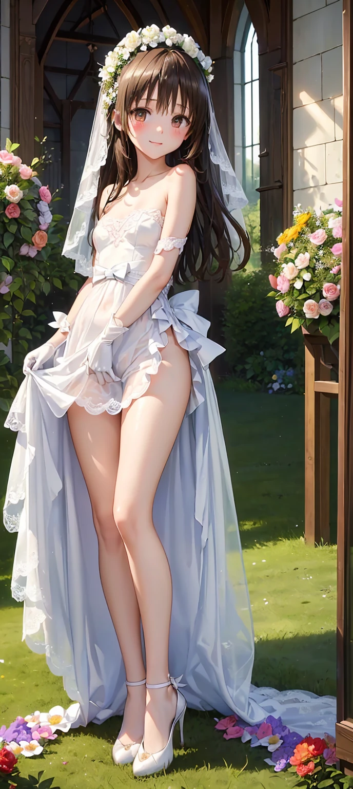A beautiful girl walking in a garden while contemplating the flowers, anime girl, (20 year old girl:1.3), she is looking back, shows her back, from behind, three quarter view, beautiful garden full of flowers and trees, blue sky with white clouds, butterflies around, cute elegant dress, short sleeves, shows her shoulders, heels, jewelry, (earrings, necklace, bracelet), big round breasts, dark brown hair, french braid, long hair, ponytail, wavy hair, swept bangs, shiny hair, hairclip, hair ribbon, aqua eyes, glowing eyes, pupils sparkling, light smile, blush, happy, red lips, detailed face, slim waist, shapely legs, beautiful thighs, perfect body, princess dress, anime CG style, high definition, natural light, high detail, anime, dithering, image fill, perspective, Wide-Angle, f/1.8, 85mm, Sony FE GM, 8k, 8k wallpaper, super detail, highly detailed CG, UHD, retina, masterpiece, accurate, anatomically correct, textured skin, highres, best quality:1.3, 16k
