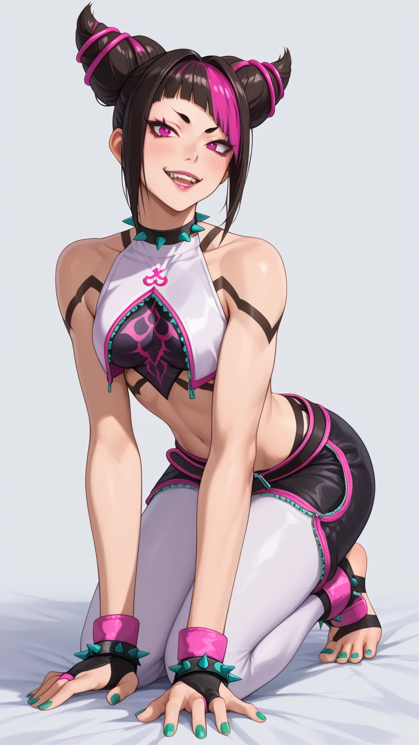 Juri on all fours, now wears a tiny, sleeveless, cropped top in white with pink trim and a green zipper on the back. Black body tapes are threaded under the top, creating a spider pattern that extends down her torso and crotch. For the bottom, she chooses unconventional black baggy pants with pink and neon teal trim and a distinctive large crotch cutout that reveals her white tights underneath. The pants also have green zippers on the medial side of the legs. her right eye remains purple, but her left eye is green Juri's accessories include black fingerless gloves and ankle cuffs, all with thick pink padding. Four black bracelets with neon teal spikes adorn her wrists and ankles, with a matching spiked choker around her neck. Loosely wrapped around her waist is an extra-long black belt with pink trim and a Taiji motif on the buckle. Her fingernails and toenails are painted neon teal. She also carries a smartphone in a light pink case with two horns to match her hairstyle. (Masterpiece high quality)