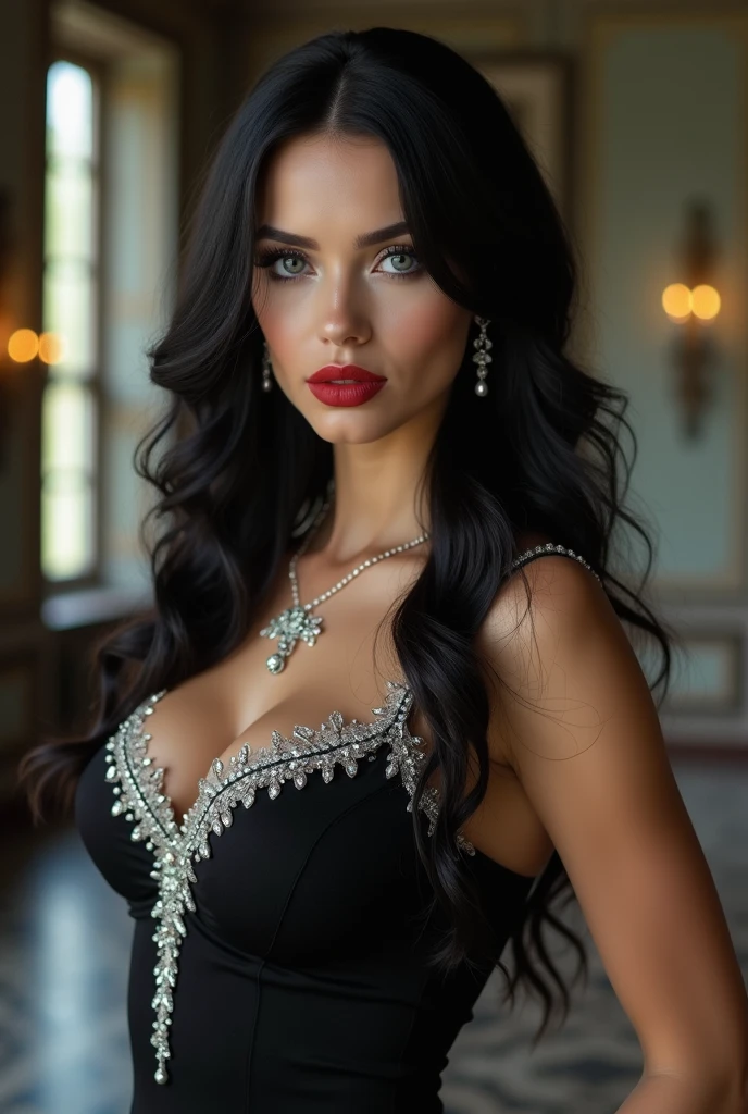 (masterpiece, best quality, ultra-detailed, 8K),high detail, realisitc detailed, a beautiful young mature arabic women curvy body with long flowy black hair over shoulders in the dark, wearing a full tight indian lacy net multi color black saree dress in wedding palace tempting manner, showing legs in hot sexy look, blue eyes, pale soft skin, kind smile, glossy lips, a serene and contemplative mood, red lips,hd makeup,Indian,(blue eyes)(temptaation shy manner)