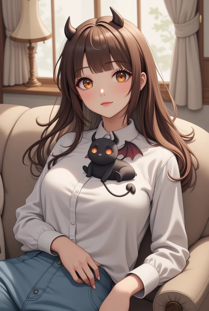 A woman dozing off on the sofa, a cute little demon sitting on her chest and waving with a smile, cute dream-like illustration art, ultra detailed, absolutely resolution, masterpiece