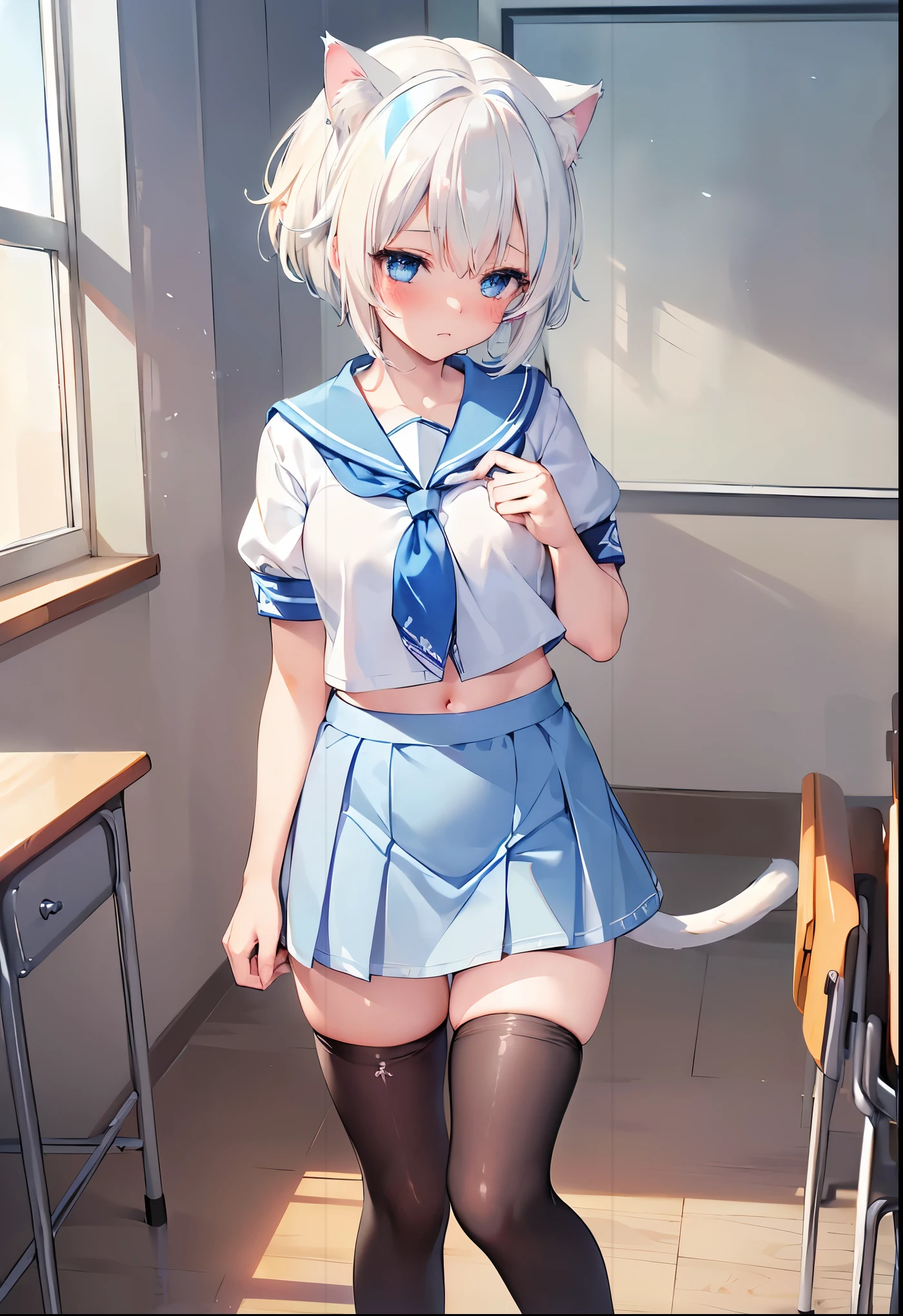 (Masterpiece, Slim Body, Delicate Fingers: 1.2), Best Quality, (Illustration: 1.2), (Hyper Detail), Eye Focus, Ultra Detail, (Fine Detail), (Intricate Detail), HDR, (Ultra Detail: 1.15), (Soft Light: 1.2), 1girl, (white serafuku:1.2), (blue short skirt:1.5), (White hair and blue highlights:1.5), (blue sailor collared:1.2), (blue ribbon tie :1.2), (light blue eyes:1.3), medium, short hair, solo, (medium breasts:1.2), masterpiece, (blushing:1.1), best quality, highly detailed, (fullbody image:1.5), kwaii, (blue inner hair:1.2), (two-tone hair:1.5), (blushing face:1.4), , (cat ears:1.4), cat tail, (perfect hands, perfect anatomy), (cat ears:1.4), standing, (tights:1.2), (class room:1.5),  (Navel Ejection:0.8)