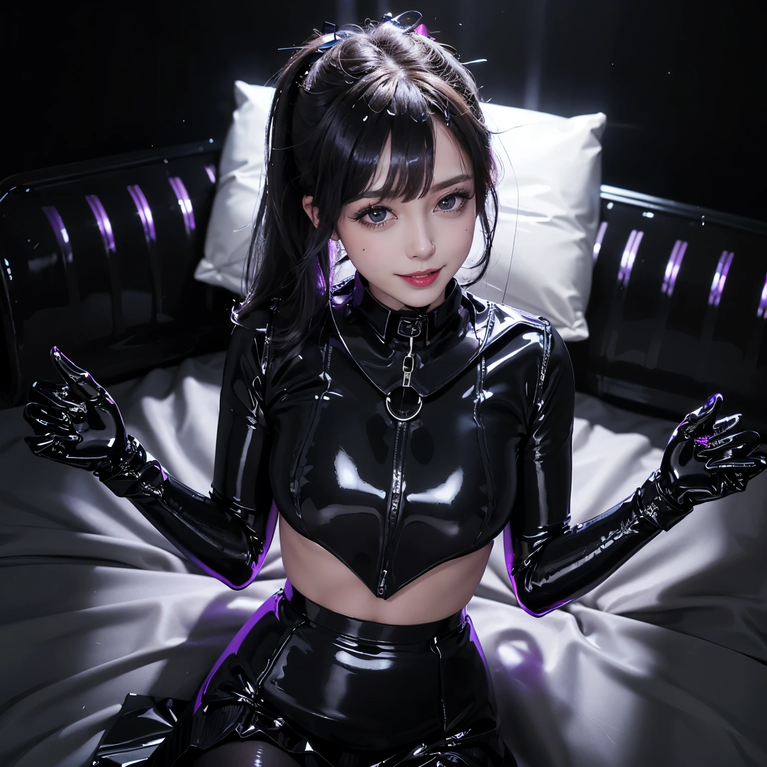 (black long sleeved latex suit), ((midriff, navel)), smile, looking at viewer, hotel room, lying on bed, hands behind pillow, (cinematic lighting, best quality, masterpiece, high details, best quality, highres, HD, 4K, 8k, super detail), (kujou sara:1.3), mask on head, blue hair, short hair, yellow eyes