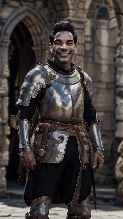 ( better quality:1.3), ,  masterpiece, (  sharp focus:1.5), (natural:1.3),  full body portrait  ( cantinflas outside a castle  , smile,  proud and fierce , using medieval armour , without helmet.  Gives the scene a luminous atmosphere), day, ( highly refined armor ),  volumetric lighting ,   intricate details ,  Ultra High Definition Briefs , 