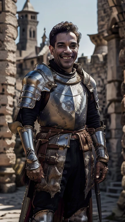 ( better quality:1.3), ,  masterpiece, (  sharp focus:1.5), (natural:1.3),  full body portrait  ( cantinflas outside a castle  , smile,  proud and fierce , using medieval armour , without helmet.  Gives the scene a luminous atmosphere), day, ( highly refined armor ),  volumetric lighting ,   intricate details ,  Ultra High Definition Briefs , 