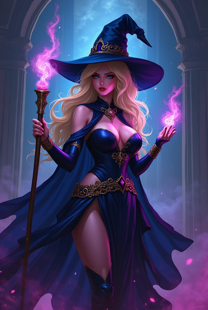 Princess Daphne, backless dress, sparkle dress long blonde hair eyelashes eyeshadow lipstick, Maria brink a very beautiful animated sexy woman with a large hat and large wings with a staff, 1girl, breasts, hat, witch hat, solo, long hair, green eyes, glasses, staff, huge breasts, big tits, supple , sexy legs, sexy hips, beautiful face, hannahowo, edgOrgasm, face focus, edgOrgasm_face