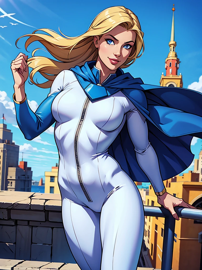 a superhero, blonde hair, blue eyes, smiling, white and blue jumpsuit, blue cape, letter A symbol on the jumpsuit, flying, 
 beautiful sky, beautiful city,