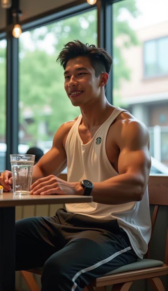 44 year old guy in the gym. He's skinny, who wants to build muscle. Ten Asians, carry a glass. He looks younger than his age. it's smiling, but feels the strength inside. He mixes sports nutrition in a shaker - protein.