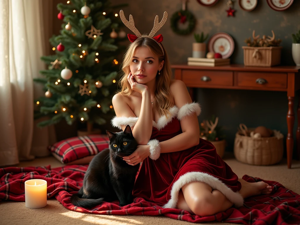 a beautiful young woman (Sophie Turner, age 25), wearing an airy sheer Christmas night gown (shoulders exposed, deeply plunging neckline) , nude except for night gown, her intimate areas partially exposed and very detailed, playing with a long hair kitten by an old-fashioned fireplace with a roaring fire, Christmas scene (best quality, 4k, 8k, highres, masterpiece:1.2), ultra-detailed, (realistic, photorealistic, photo-realistic:1.37), HDR, UHD, studio lighting, ultra-fine painting, sharp focus, physically-based rendering, extreme detail description, professional, vivid colors, bokeh, portrait, figurative, intimate, sensual, cozy, Christmas, warm lighting, chiaroscuro (show her entire body, show all of her)
