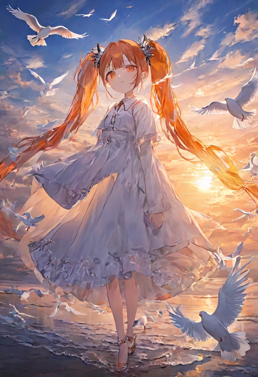  1 girl、 twin tails(( Silver Hair、 orange hair))、Feather hair ornament、 fashionable clothes、Sunset sky、White doves and crows are flying