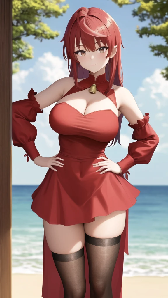 masterpiece, best quality, highres, girl, solo, looking at viewer, enjou_retto, Red hair, Brown Eyes, large breasts, bell, bare shoulders, cleavage cutout, frills, black dress, detached sleeves, red sleeves, long sleeves, white thighhighs, standing, outdoors, hand on hip, smile, cowboy shot,