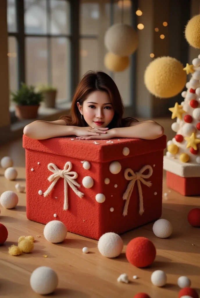 Lisamy, a woman inside a large Christmas gift box, face up from box, on the box is engraved with the words "GIFTS FROM BEP4.0"