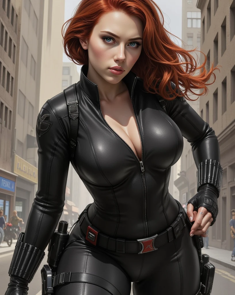 (  masterpiece ,  realistic , perfect,  photograph ,  high resolution and definition  ), marvel: Black Widow, In a sensual and erotic pose,  tight suit, nice image detail ,  Beautiful legs ,  detailed face, light eyes,  beautiful butt ,  slender and detailed body ,  big breasts. RED HAIR,  long loose hair .  Great detail of the background and environment . In a random location, exciting