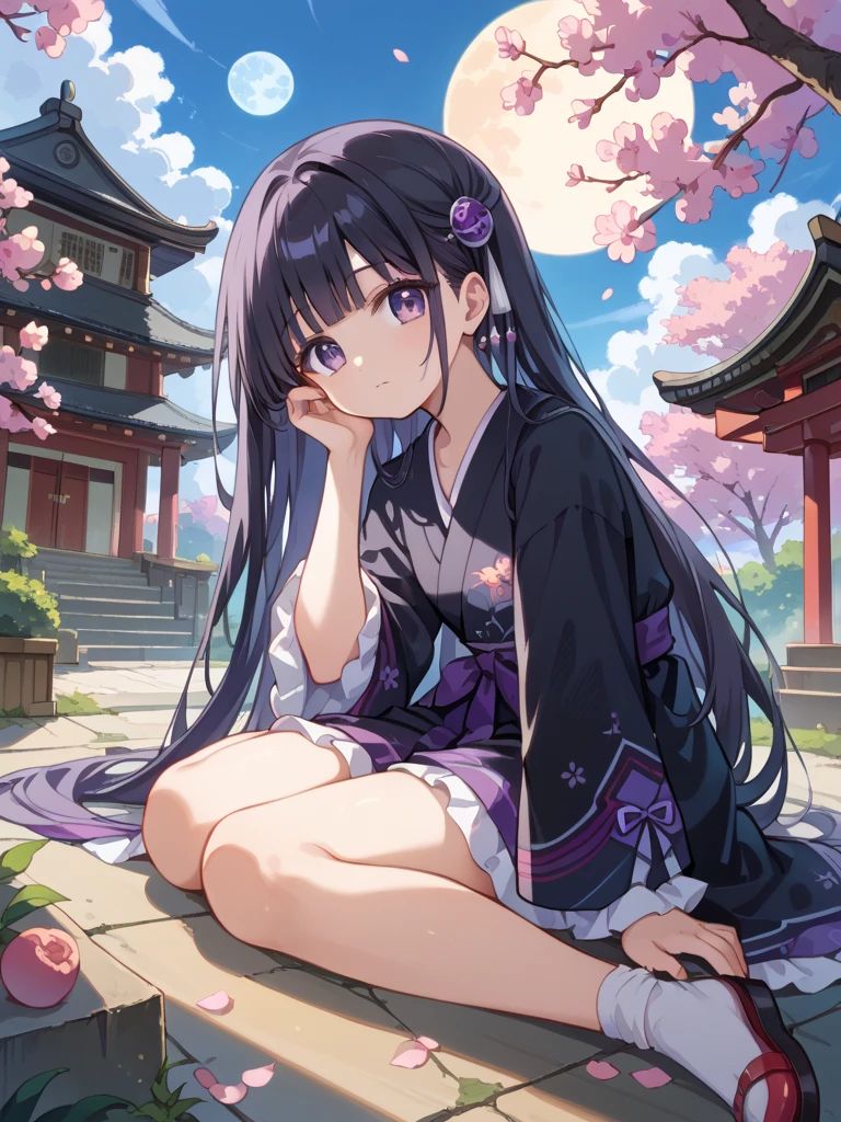   beautiful girl 、super long hair and legs  、  black hair、  cute black kimono gothic、  sit on the floor、Full moon background、Shrine Background、  Japanese Knife  、  No Feelings 、  looks up、  purple eyes、  One Girl  ,  high res,   minimalist,  top quality ,   elementary school students、cherry blossoms