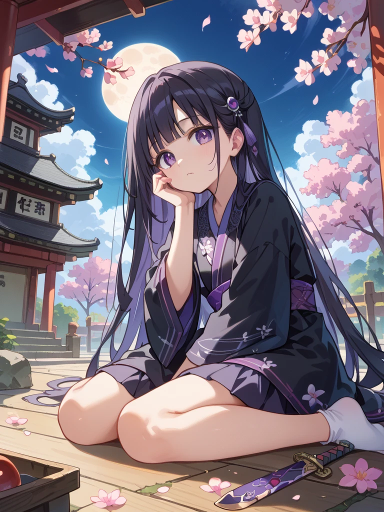   beautiful girl 、super long hair and legs  、  black hair、  cute black kimono gothic、  sit on the floor、Full moon background、Shrine Background、  Japanese Knife  、  No Feelings 、  looks up、  purple eyes、  One Girl  ,  high res,   minimalist,  top quality ,   elementary school students、cherry blossoms