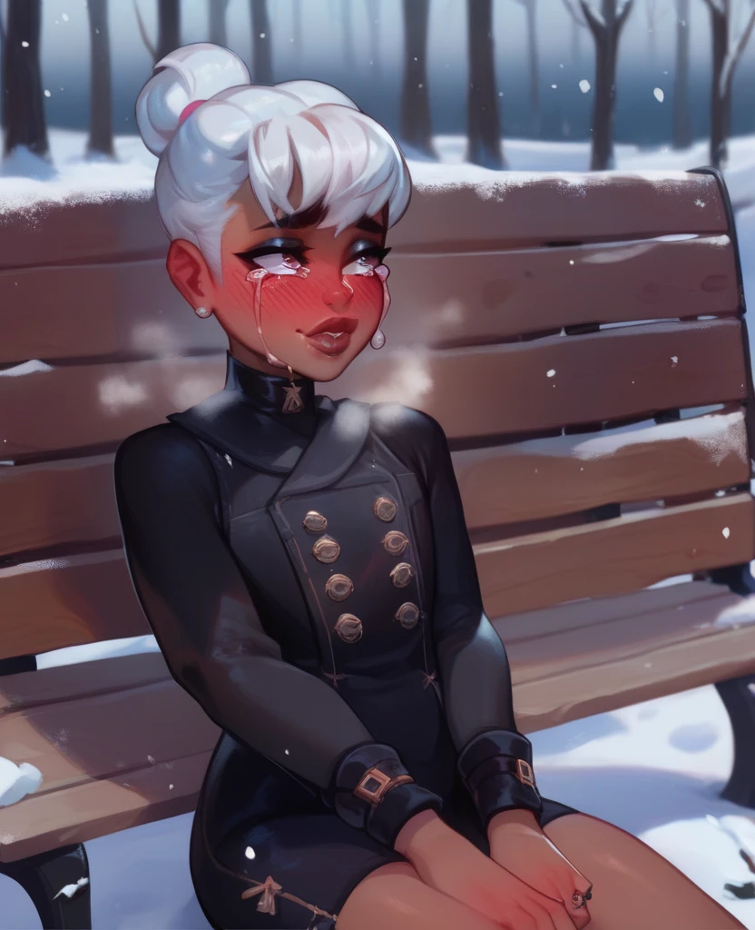 femboy, White hair short in tips ,  full lips,  gothic makeup ,  tanned skin,  winter, snowy park, ropa de  winter, tears of sadness, shy with a sad smile , blush,  sitting on a wooden bench. femboy gótico, crying sadly with a faint blush with a sad smile 