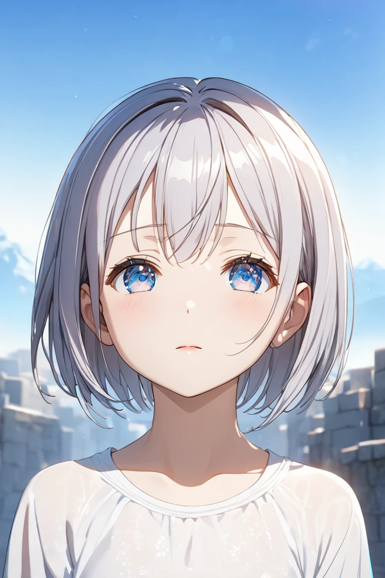  One girl , Alone, Charming, high res,Charming,Emotional,pure, high definition model ,  textured skin , Overlooking,Emotional,Blue sky background, Proximity Method,  face forward, in a slicked-back, very short hairstyle with a two-block cut.”, shiny skin、sunlight、His eyes are shining、young、Extreme zoom up