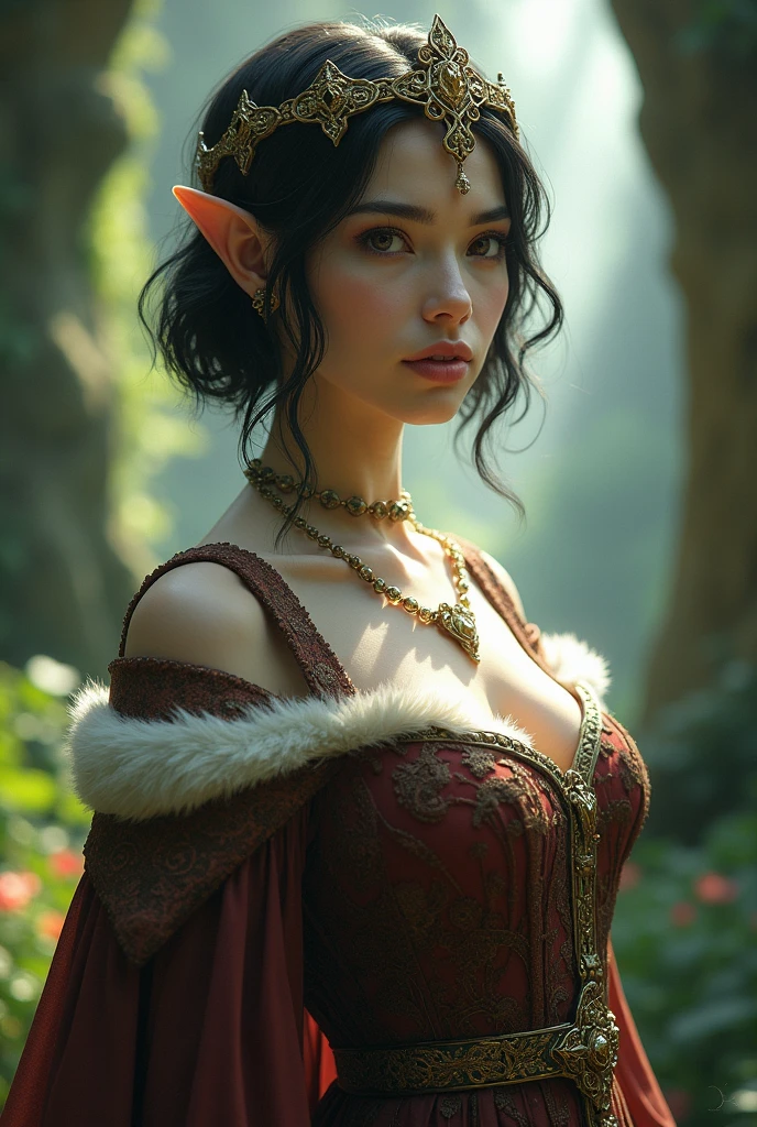 A powerful and regal woman stands tall against a clear, blue sky. She has long, dark hair flowing gracefully behind her, and her pointed ears hint at a mystical or elven heritage. Her attire is a combination of armor and elegant, royal garments, primarily in deep red and gold. She wears a golden crown-like headpiece that rests atop her head, adorned with intricate designs, matching the ornate choker around her neck. Her piercing eyes are accentuated by dark, dramatic makeup, and her expression is one of calm authority and confidence. The intricate armor plating on her shoulders and chest provides both protection and an air of royalty. A deep crimson pendant in the shape of a butterfly rests on her chest, symbolizing beauty intertwined with strength. The background shows a vast sky with distant, snowy mountains, adding to the epic and otherworldly feel of the scene.