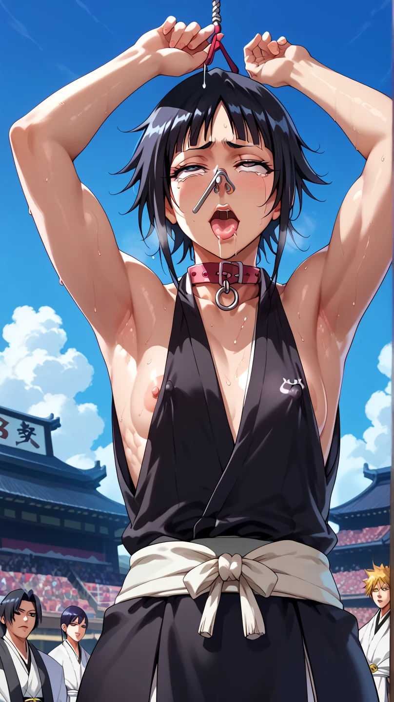 a picture, inspired by Kentaro Miura, trending on pixiv, soifon from bleach, black uniform, favorite scene, fine details, skins, sweating, small breasts, both hands raised, armpits, (small head),armpits visible, dripping with sweat, more more sweat, ((Japanese clothes)),open mouth,rolling eyes,muscle,kneel down,open legs,For the audience, (muscle:1.2),Looking at the audience, tired, (small breasts),sexy body,perfect body,(drooling), tears, head wet, runny nose, black hair,Nipple exposure， dog collar,transparent nose hook.