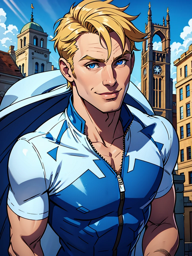 a male superhero, blonde hair, blue eyes, smiling, white and blue jumpsuit, blue cape, letter A symbol on the jumpsuit, flying, 
 beautiful sky, beautiful city,