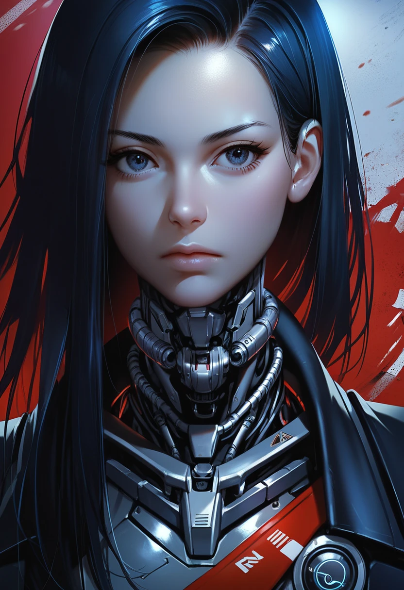 One woman, mature, anime, female anime character, dark eyes, expressionless, black short spiky hair, sharp face,artificial skin, black slim mechanical body frame, small chest, black cloak, elster, cyborg , mechanical jaw, mechanical neck, robotic, detailed anime character art, dark, facing center, close-up portrait, sharp focus, zPDXL3.