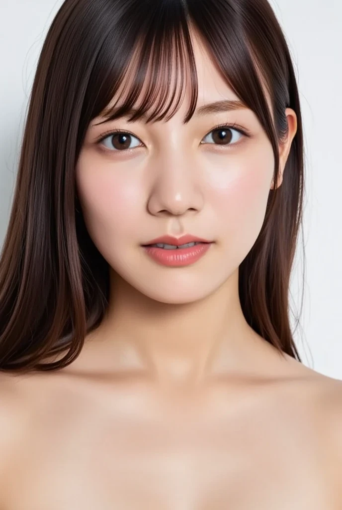 (((top-down configuration:1.4))), (best quality:1.4), (ultra highres:1.2), (photorealistic:1.4), (16k, RAW photo:1.2), (portrait shot:1.3), professional lighting, Japanese goddess, gravure, detailed face and skin texture, detailed eyes, looking at camera, nsfw, beautiful eyes, detailed eyes, beautiful face, detailed face, ((shy:1.3)), (highest quality), glowing skin, (smooth lighting:1.2), (cinema lighting:1.2), (brown long hair), (bangs:1.4)