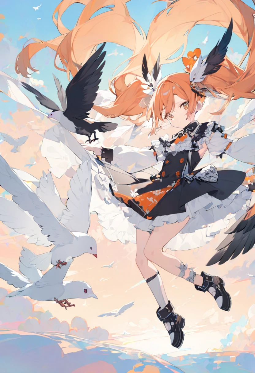  1 girl、 twin tails(( Silver Hair、 orange hair))、Feather hair ornament、 fashionable clothes、Sunset sky、White doves and crows are flying