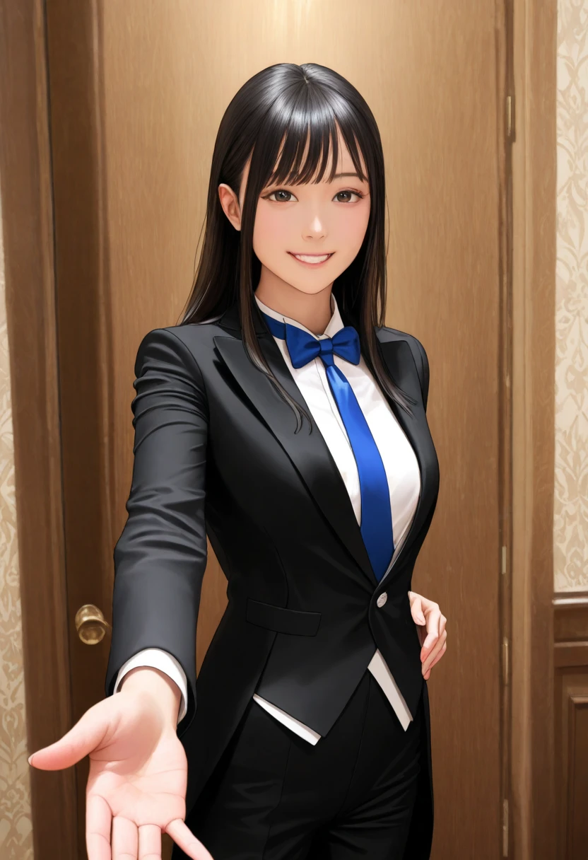 score_9, score_8_up, score_7_up, score_6_up, score_5_up, score_4_up1girl, solo, woman,, suit tuxedo , , long hair, realistic ,bangs, sidelocks, indoors, standing,happy,smile,looking at viewer, cowboy shot, blue tie woman in formal attractive suit tuxedo tailcoat standing in a large alcove in the room, , reaching towards viewer , one hand , badass , hand on back