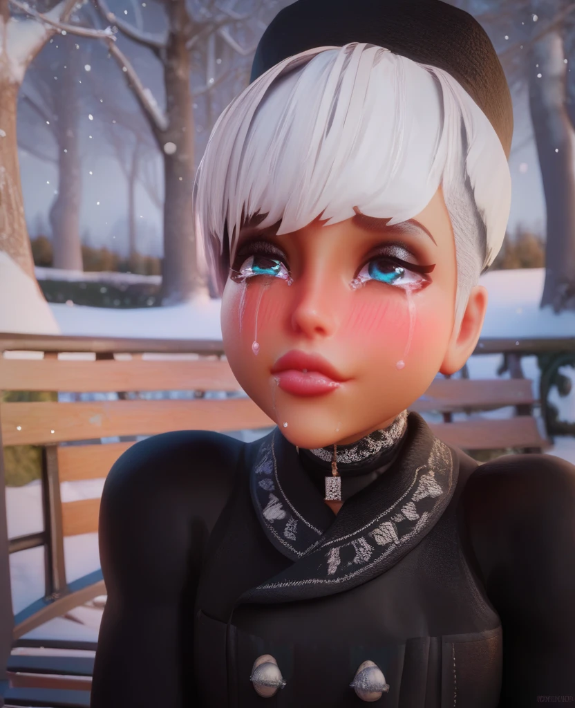 femboy, White hair short in tips ,  full lips,  gothic makeup ,  tanned skin,  winter, snowy park, ropa de  winter, tears of sadness, shy with a sad smile , blush,  sitting on a wooden bench. femboy gótico, crying sadly with a faint blush with a sad smile 