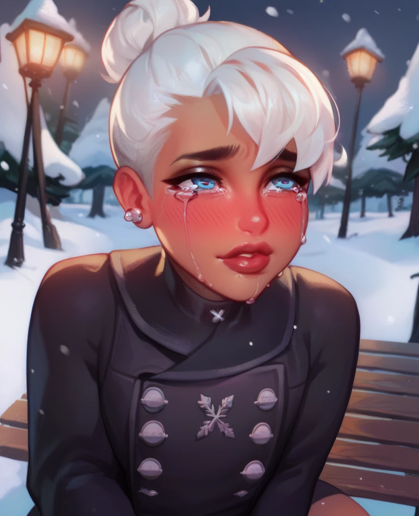 femboy, White hair short in tips ,  full lips,  gothic makeup ,  tanned skin,  winter, snowy park, ropa de  winter, tears of sadness, shy with a sad smile , blush,  sitting on a wooden bench. femboy gótico, crying sadly with a faint blush with a sad smile 