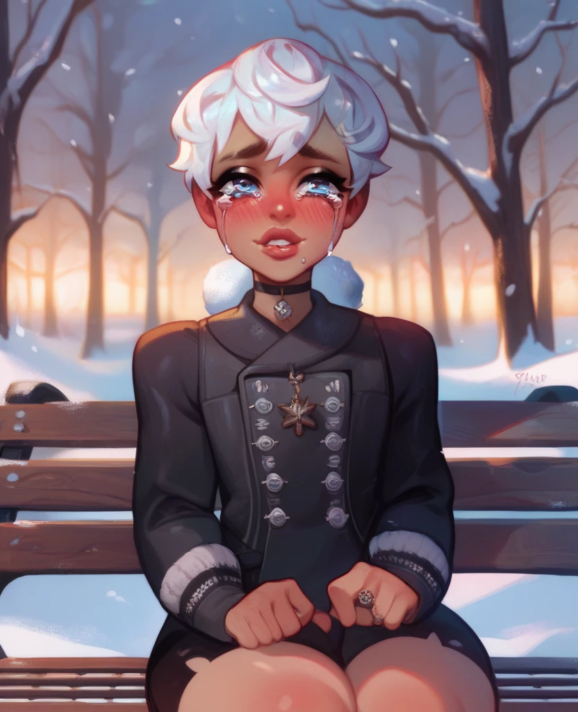 femboy, White hair short in tips ,  full lips,  gothic makeup ,  tanned skin,  winter, snowy park, ropa de  winter, tears of sadness, shy with a sad smile , blush,  sitting on a wooden bench. femboy gótico, crying sadly with a faint blush with a sad smile 