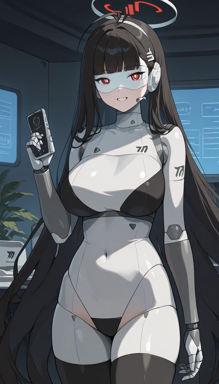 masterpiece, best quality, extremely detailed, (8K, 4K, Best Quality, hight resolution, 超A high resolution:1.1), ,8k portrait, Japaese android Girl,Plump , dark black leg cover,announcer,control panels,android,Droid,Mechanical Hand, Robot arms and legs, Black Robot Parts,Black long hair,Mechanical body,Blunt bangs,perfect mechanical abdomen,White robotics parts,perfect robot woman,future laboratory,cyber pank,charging spot,laboratory,long tube,thick cable connected her neck,white ceramic body ,perfect mechanical body, white robot body,lod antenna,mechanical ear cover,android,robot humanoid,black sponge joints,The removable cover is in the groin,The connection port is in the groin,opened chest panel,access panel on the chest,opened breast panel,perfect mechanical breast,perfect black machine body,perfect black android body,She has repaired,assembly plant,smile,no human skin,visor,mistyrobot,rio(blue archive),dress