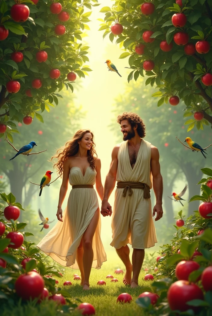 Adam and eve in the Garden of Eden dressed in animals cloths, standing under a tall tree with awesome fruits