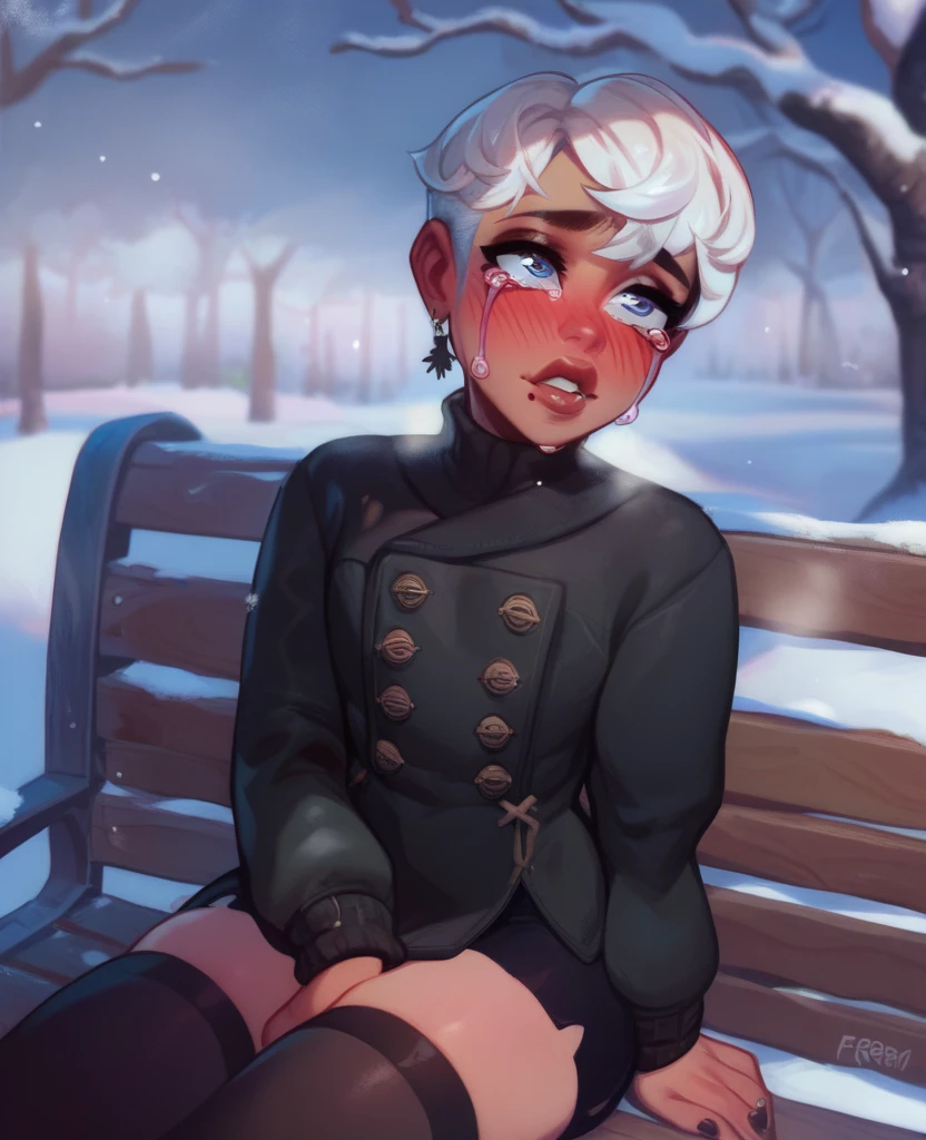 femboy, White hair short in tips ,  full lips,  gothic makeup ,  tanned skin,  winter, snowy park, ropa de  winter, tears of sadness, shy with a sad smile , blush,  sitting on a wooden bench. femboy gótico, crying sadly with a faint blush with a sad smile 