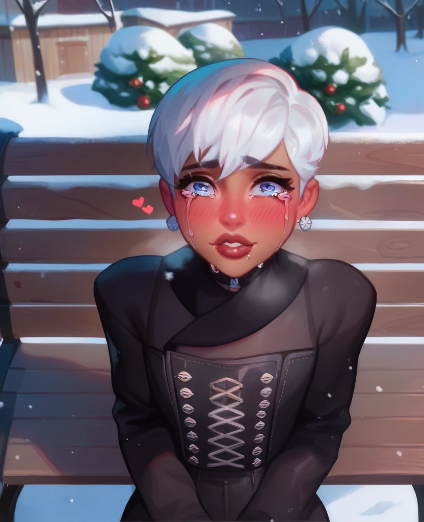 femboy, White hair short in tips ,  full lips,  gothic makeup ,  tanned skin,  winter, snowy park, ropa de  winter, tears of sadness, shy with a sad smile , blush,  sitting on a wooden bench. femboy gótico, crying sadly with a faint blush with a sad smile 