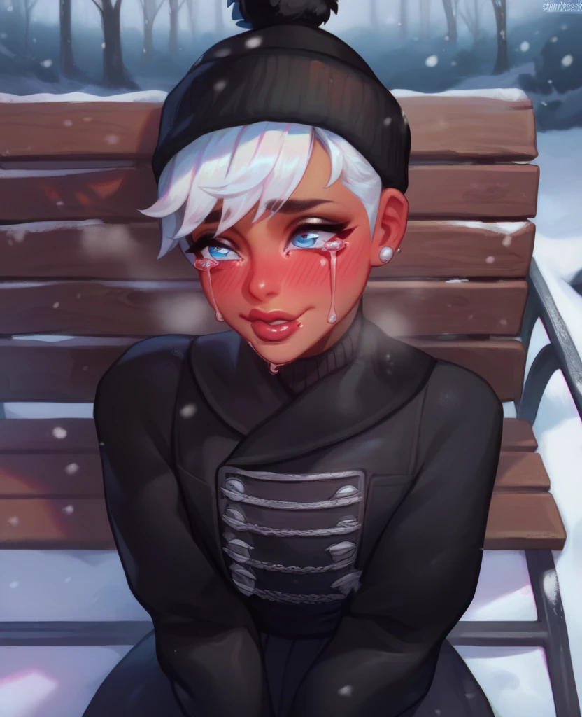 femboy, White hair short in tips ,  full lips,  gothic makeup ,  tanned skin,  winter, snowy park, ropa de  winter, tears of sadness, shy with a sad smile , blush,  sitting on a wooden bench. femboy gótico, crying sadly with a faint blush with a sad smile 