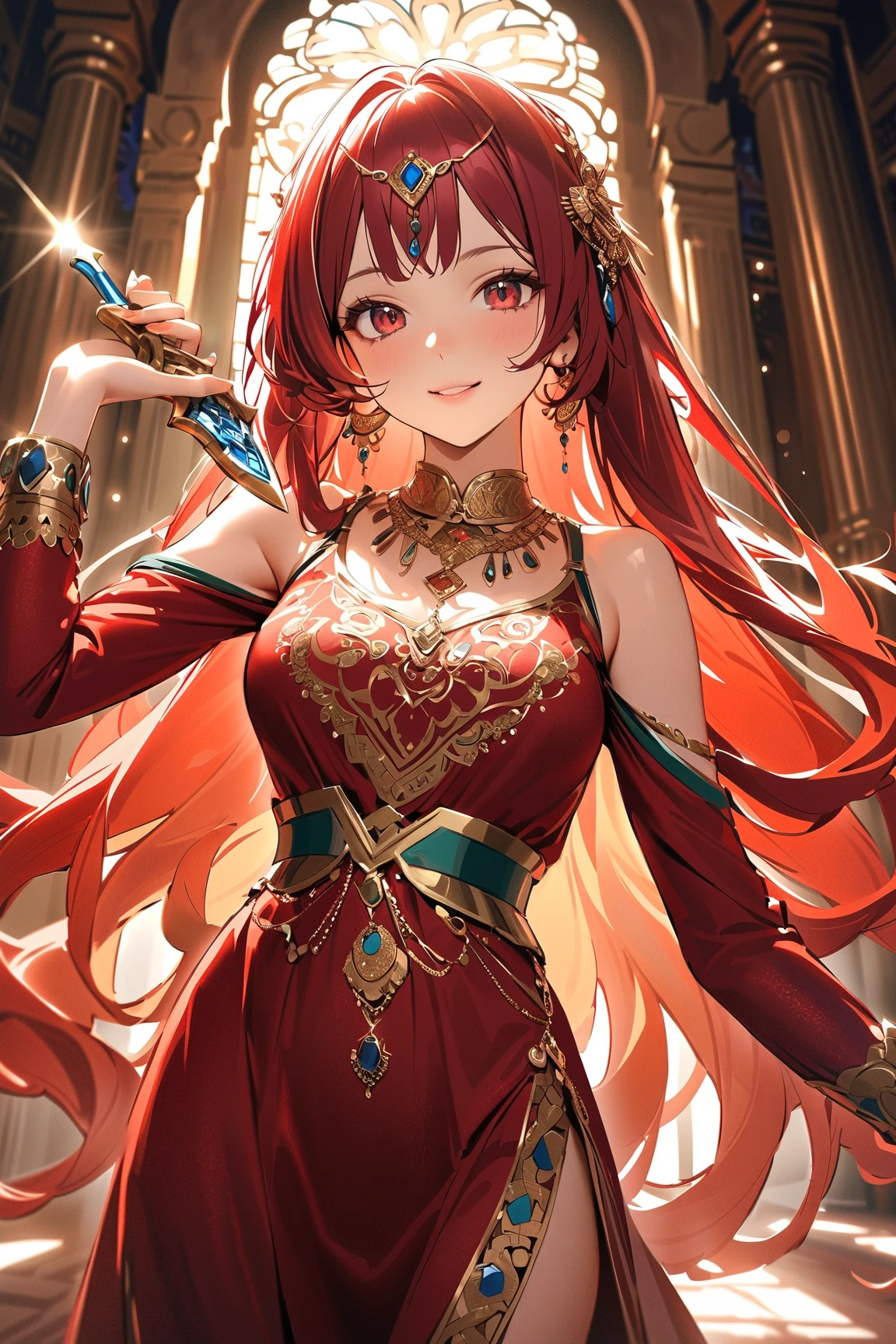 (masterpiece)best quality,top quality,high detail,anime girl,fiery girl,long red dress,with transparent fairy wings,with a floating chalice next to her,a fairy castle background