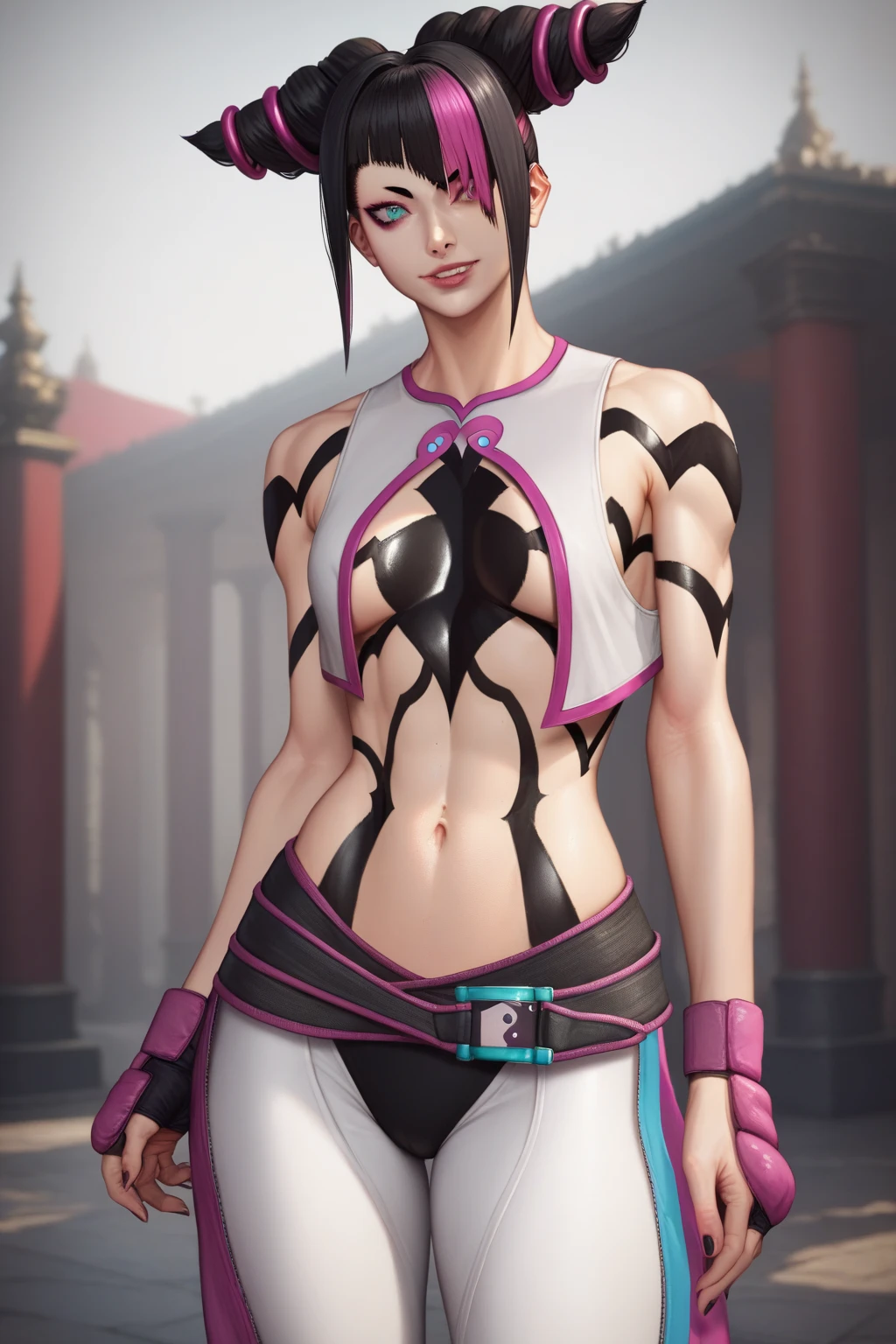 ((juri han)), ((masterpiece)), ((photorealism)), {(athletic figure), (toned body), (eccentuated curves), (black hair), (two toned hair), (hair horns), (pink and turquoise eyes), (heterochromia)}, {(body paint), (white vest), (navel), (black baggy pants), (white tights)}