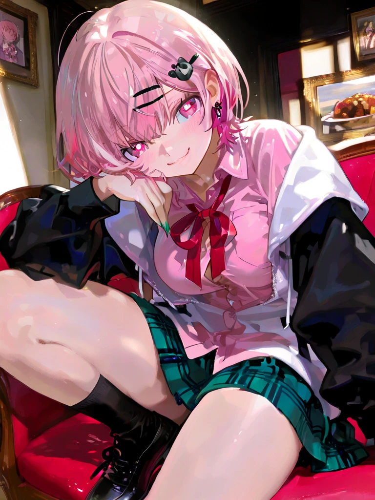            top quality,            top quality,             high quality pictures            ,            masterpiece,                    super high resolution          ,                Detailed Background     ,                Absurd,             perfect anatomical performance       ,         good lighting        ,           Photo Gallery        、、SasakiSaku 、   1 girl、     virtual youtuber    、    pink hair、Multicolored Hair、    short hair 、 、    pink eye、green claws、   
  hair clip、    earrings、   Animal Food    、Panda food   、Food Up、    Two-tone jacket 、    white jacket、 Black sleeves 、    Long Sleeve    、    colored shirt    、    pink shirt、   red ribbon tie  、    plaid skirt   、   It's a green skirt    、Black Sox、Black shoes、 、  smile、   hide   、 spray art background、 medium chest 、 very huge big boobs、 heart eyes 
