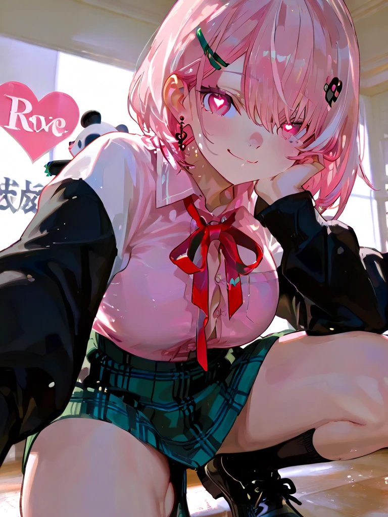            top quality,            top quality,             high quality pictures            ,            masterpiece,                    super high resolution          ,                Detailed Background     ,                Absurd,             perfect anatomical performance       ,         good lighting        ,           Photo Gallery        、、SasakiSaku 、   1 girl、     virtual youtuber    、    pink hair、Multicolored Hair、    short hair 、 、    pink eye、green claws、   
  hair clip、    earrings、   Animal Food    、Panda food   、Food Up、    Two-tone jacket 、    white jacket、 Black sleeves 、    Long Sleeve    、    colored shirt    、    pink shirt、   red ribbon tie  、    plaid skirt   、   It's a green skirt    、Black Sox、Black shoes、 、  smile、   hide   、 spray art background、 medium chest 、 very huge big boobs、 heart eyes 
