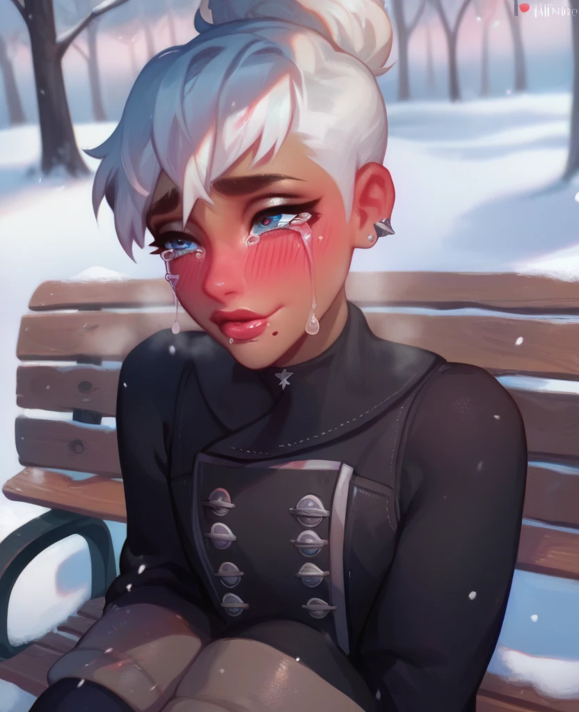 femboy, White hair short in tips ,  full lips,  gothic makeup ,  tanned skin,  winter, snowy park, ropa de  winter, tears of sadness, shy with a sad smile , blush,  sitting on a wooden bench. femboy gótico, crying sadly with a faint blush with a sad smile 