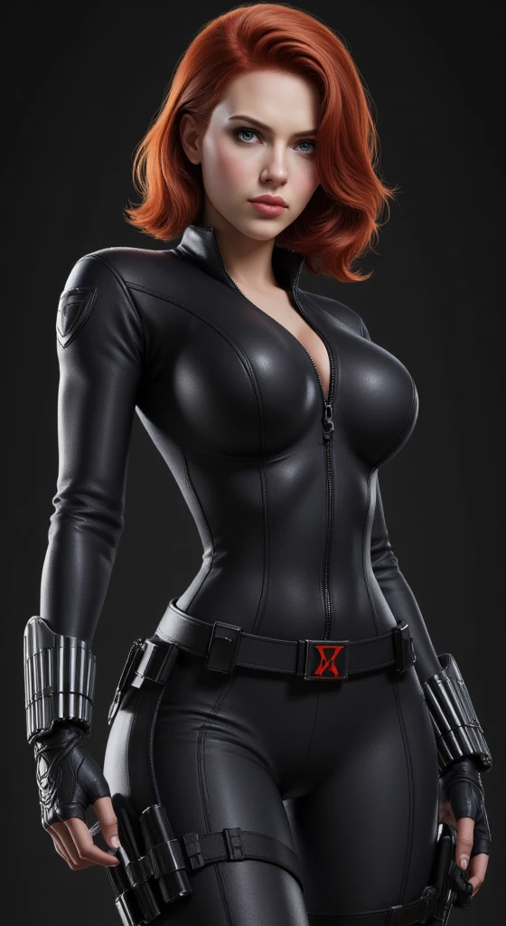 (  masterpiece ,  realistic , perfect,  photograph ,  high resolution and definition  ), marvel: Black Widow, In a sensual and erotic pose,  tight suit, nice image detail ,  Beautiful legs ,  detailed face, light eyes,  beautiful butt ,  slender and detailed body ,  big breasts. RED HAIR,  long loose hair .  Great detail of the background and environment . In a random location, exciting