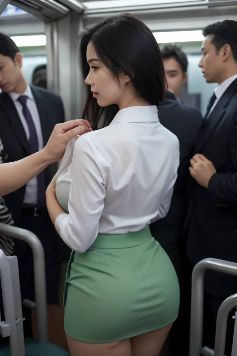 (( white shirt))、 ((green skirt))、 ((office lady uniform ))、 J-cup large breasts、Beautifully shaped breasts、slender、 Outstanding Style 、Tight tops、Open chest、Emphasizes the fullness of the chest、Cleavage、Beautifully shaped breasts 、Open chest、Breast enlargement、((masterpiece))、((highest quality))、photograph、reality、High level image quality、Advanced depth of field、realistic lighting、secretary、25years old、(( crowded trains near the door))、 ((((A man grabs my butt、A man grabs my chest))))、 ((Being molested on a train))、 Reluctant、 Embarrassing 、((angle from below))、((back style))